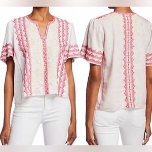 Johnny Was Camille Pink and Cream Embroidered V neck  Blouse